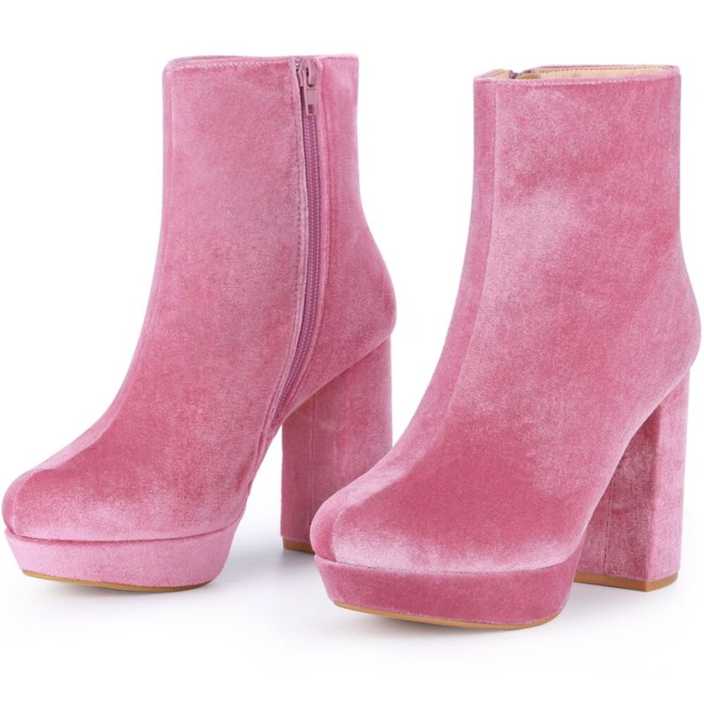 Women's Platform Block Heels Faux Velvet Ankle Boots Pink